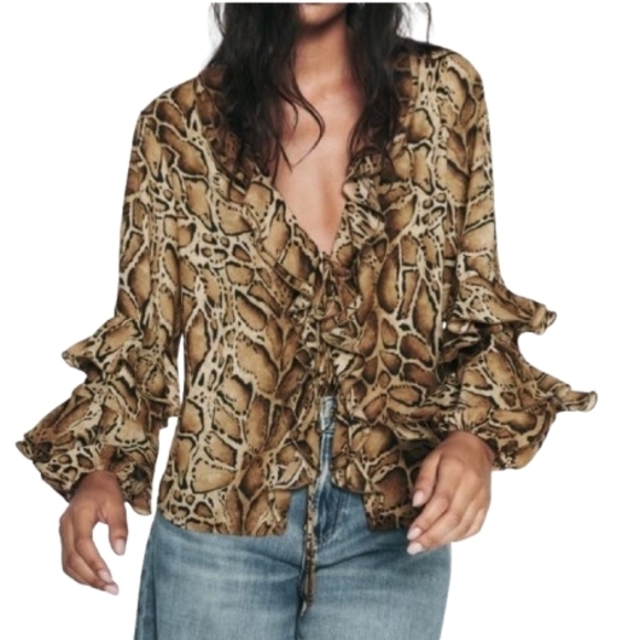 Zara Tops - NWT Zara Animal Print Lace Up Front Ruffle Top Size L Long Sleeves Black/Brown